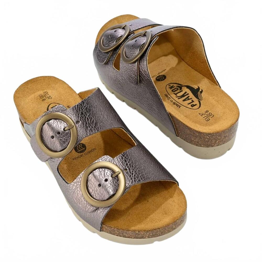 NEW PLAKTON women's cora slide-on dual strap adjustable sandals in metallic grap